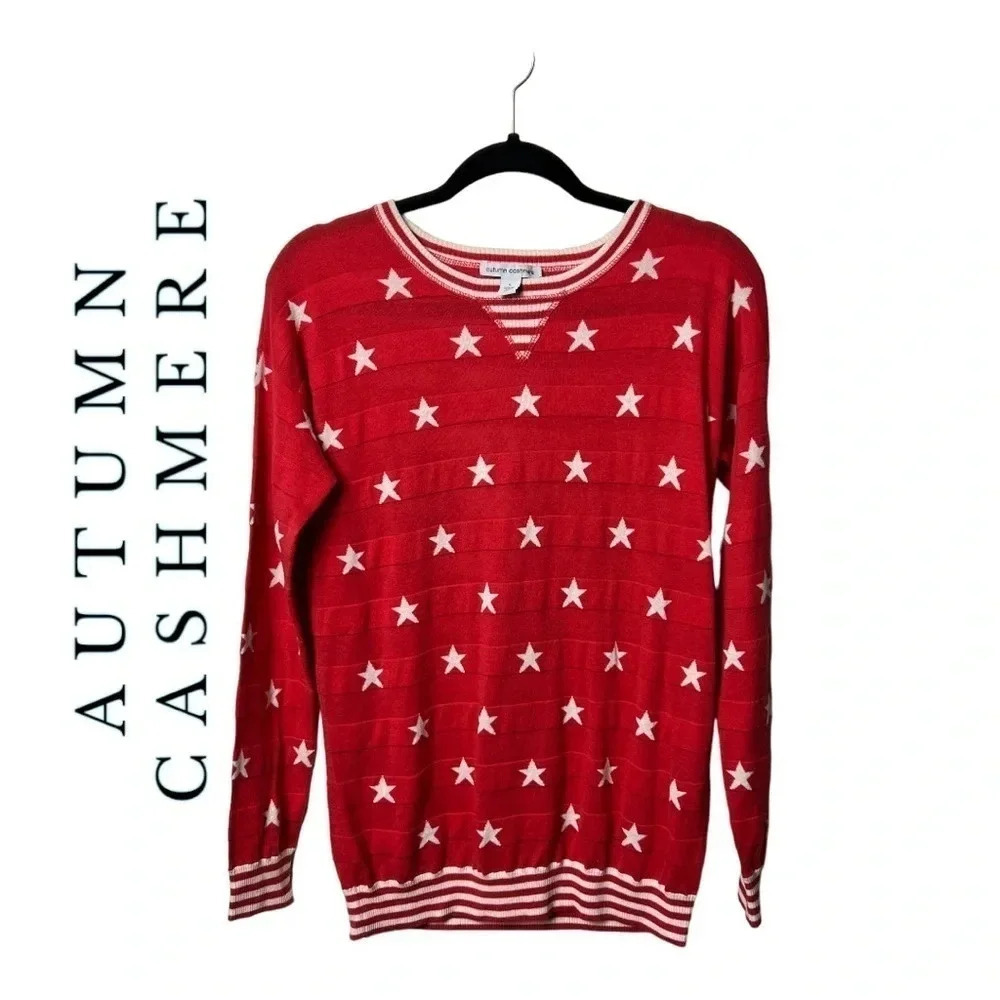 1250. AUTUMN CASHMERE LONG SLEEVE SWEATER STAR PATTERN SIZE SMALL RED/WHITE